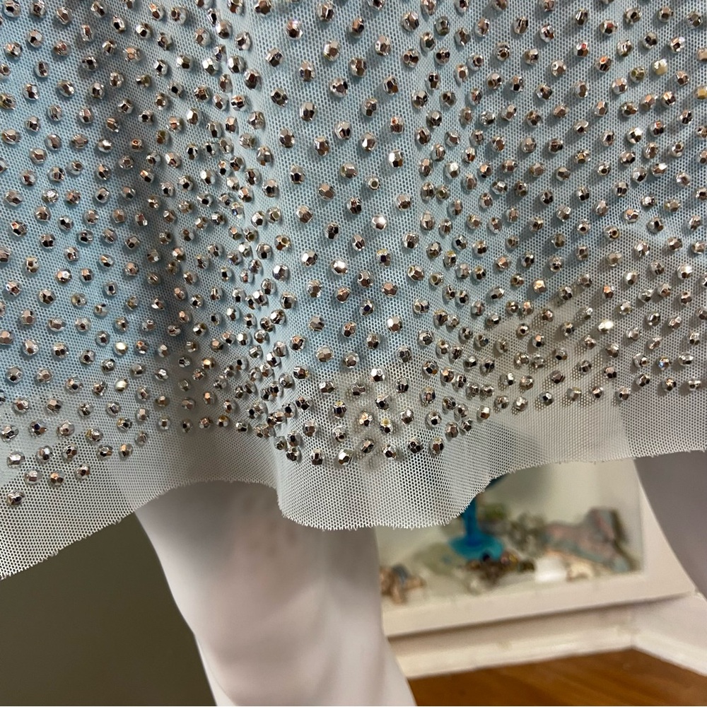 Xscape Light Blue Silver Metallic Beaded Cocktail Mini Dress Draped Size 10 - Picture 10 of 15
